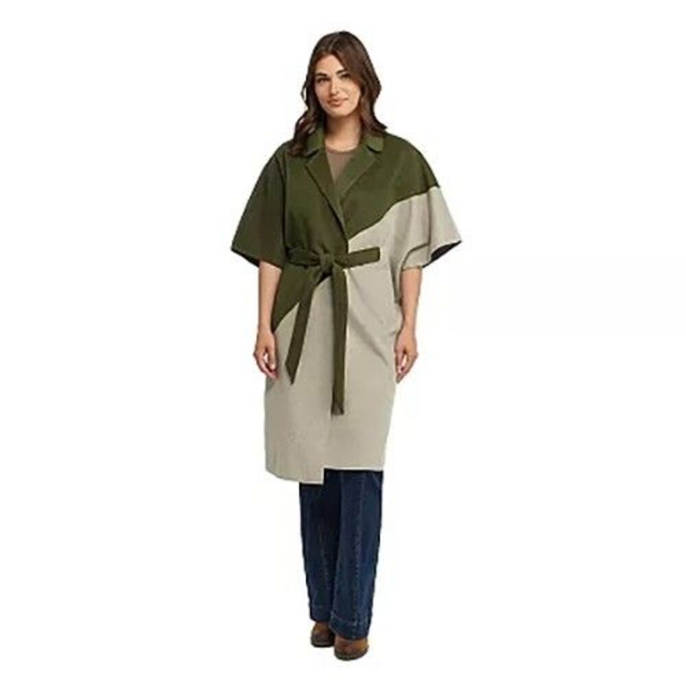 Ellen Tracy NEW Cape Coat Belted Olive Green/Gray Viscose Belted Colorblock S/M